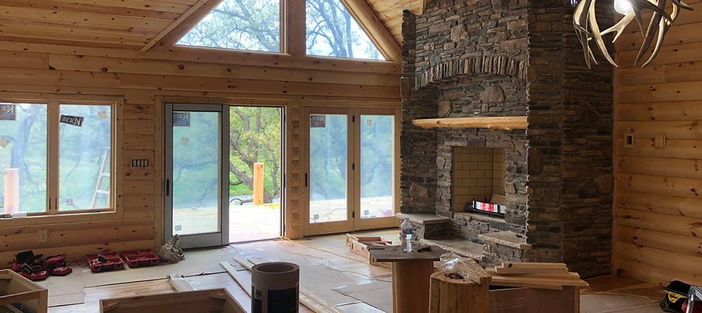 interior of a pole barn log cabin home 
